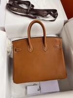 Hermes Birkin 25 Retourne Handmade Bag In Gold Barenia Calfskin - Image 6