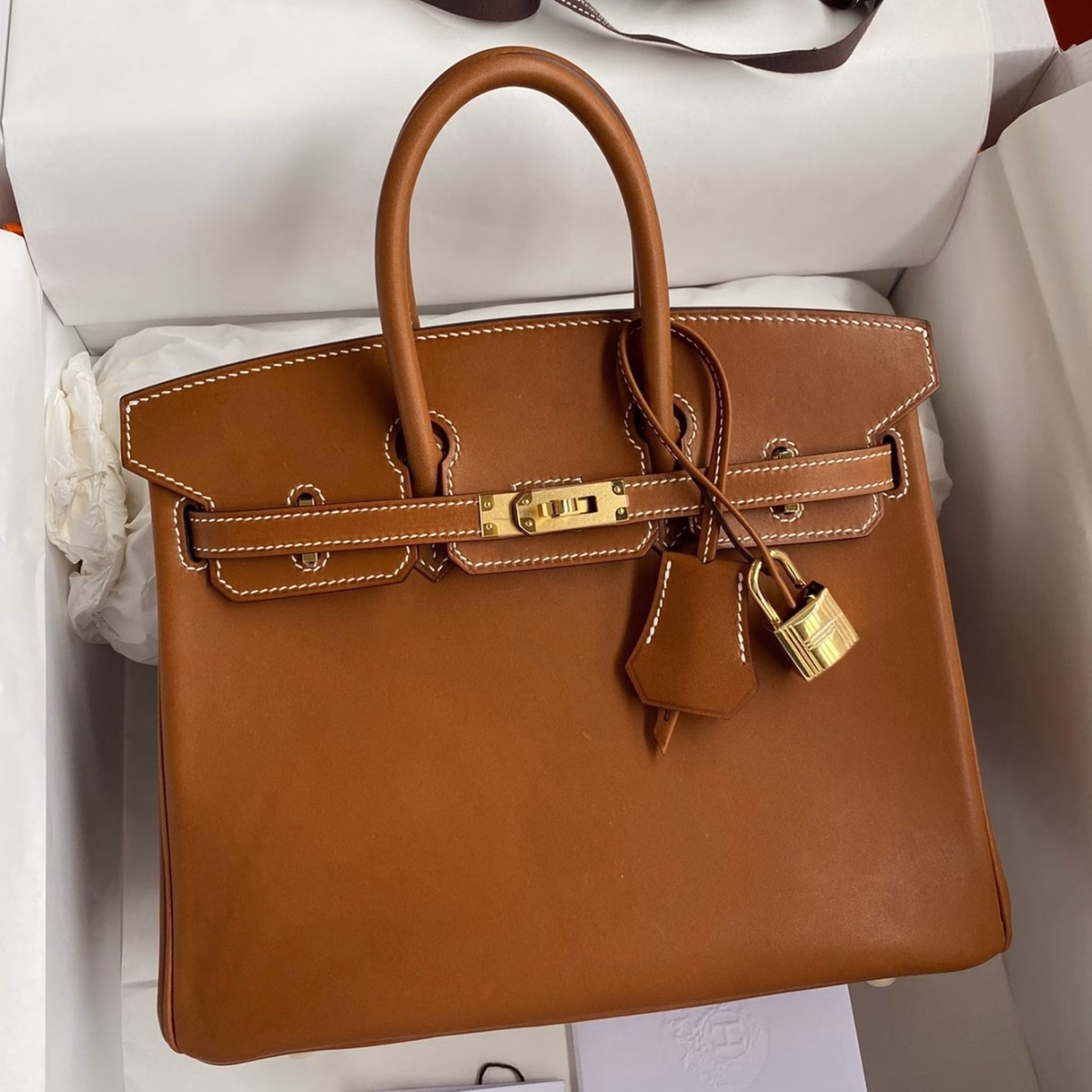 Hermes Birkin 25 Retourne Handmade Bag In Gold Barenia Calfskin - Image 1