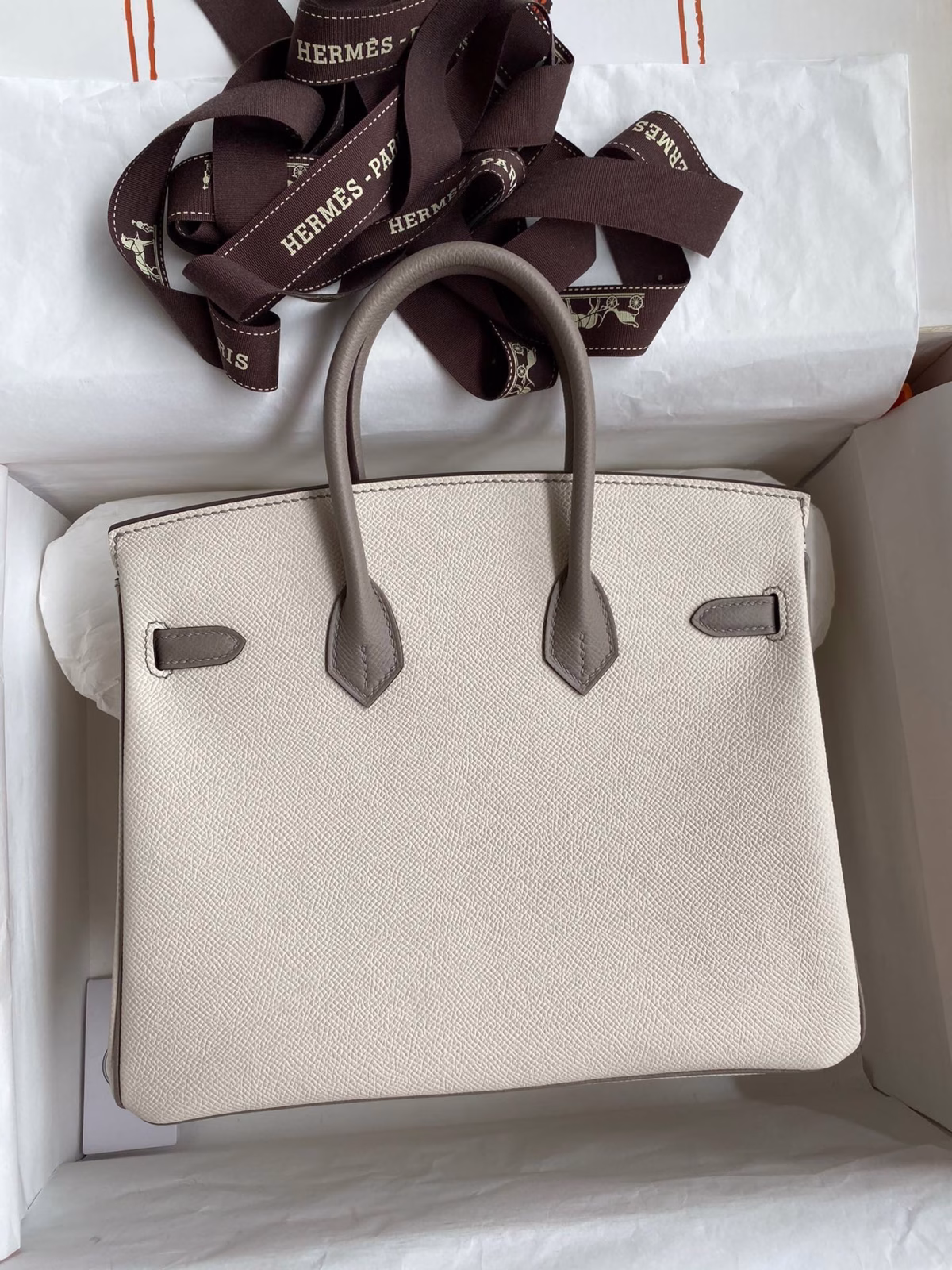 Hermes HSS Birkin 25 Bicolor Bag in Craie and Gris Asphalt Epsom Calfskin - Image 6