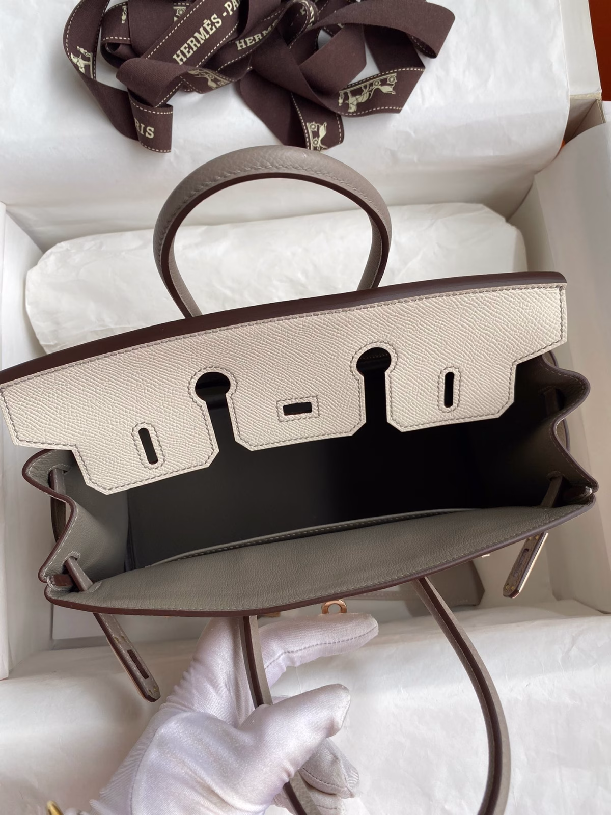 Hermes HSS Birkin 25 Bicolor Bag in Craie and Gris Asphalt Epsom Calfskin - Image 3