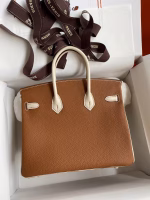 Hermes HSS Birkin 25 Bicolor Bag in Gold and Craie Clemence Leather - Image 6