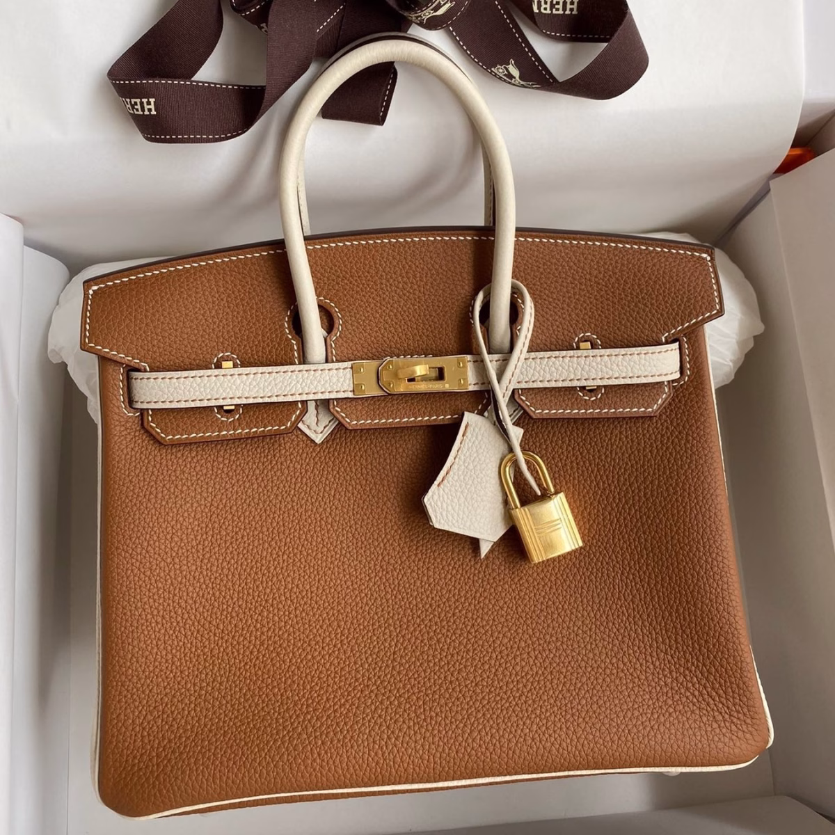 Hermes HSS Birkin 25 Bicolor Bag in Gold and Craie Clemence Leather - Image 1