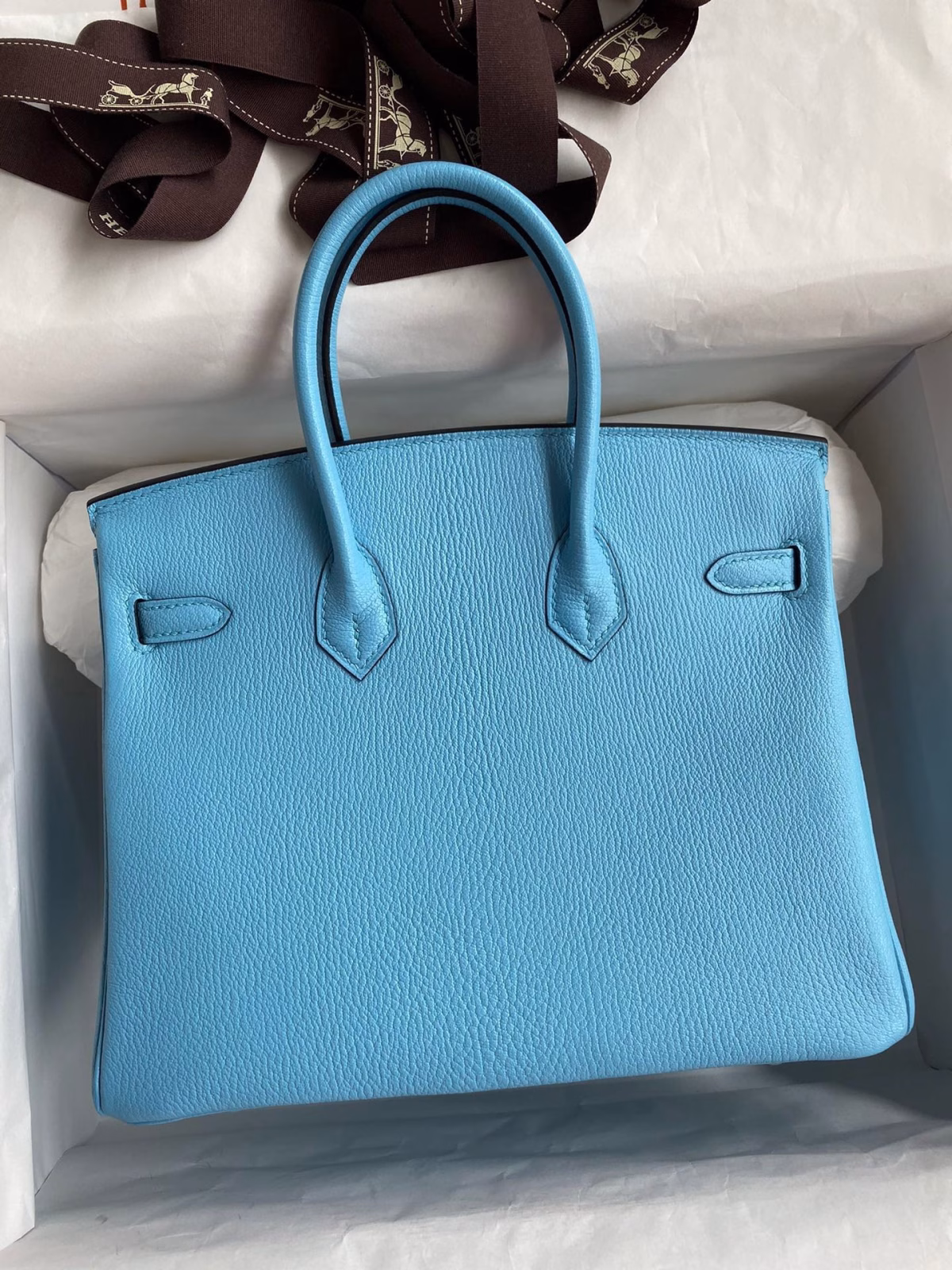 Hermes Birkin 25 Retourne Handmade Bag In Blue Aztec Chevre Mysore Leather - Image 8