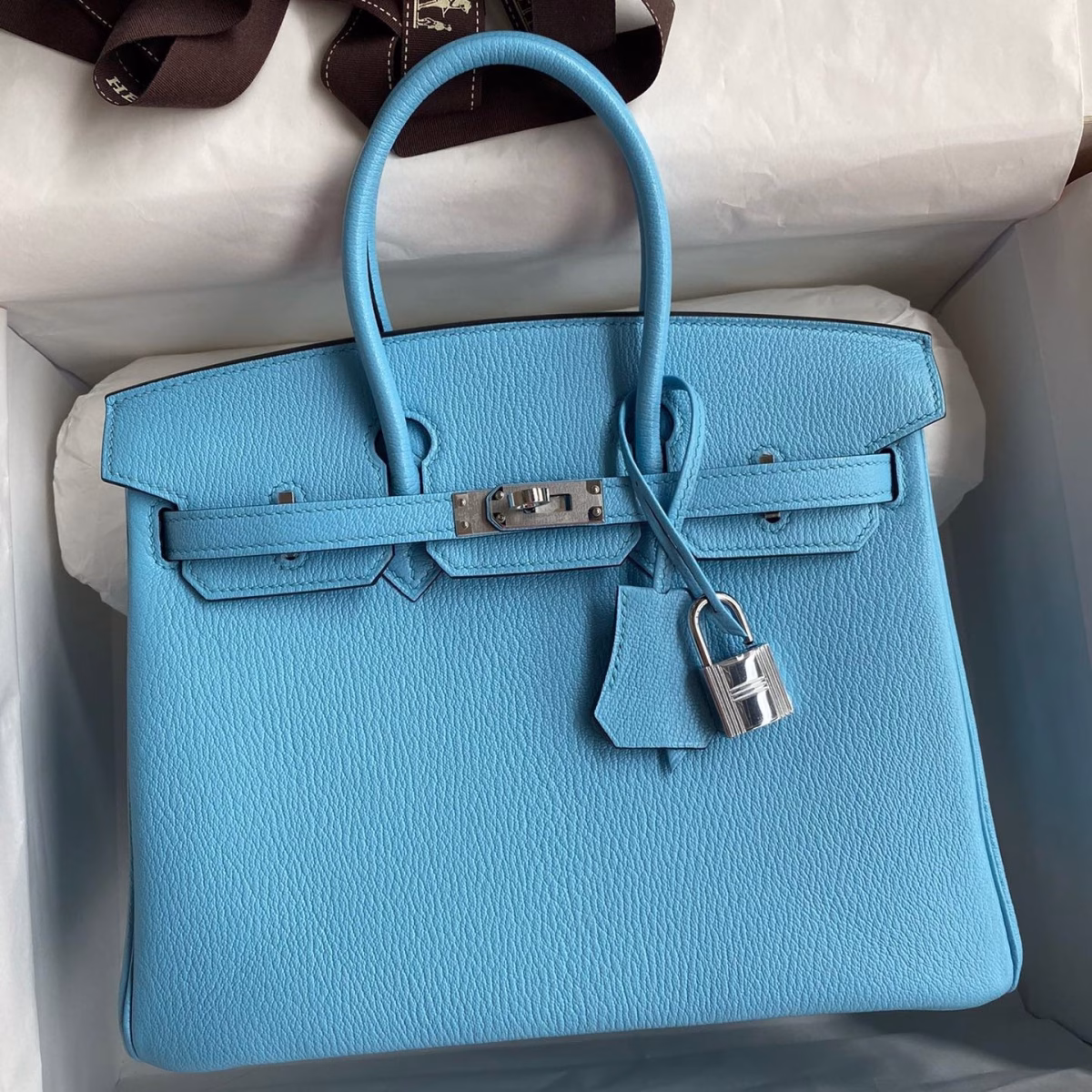 Hermes Birkin 25 Retourne Handmade Bag In Blue Aztec Chevre Mysore Leather - Image 1