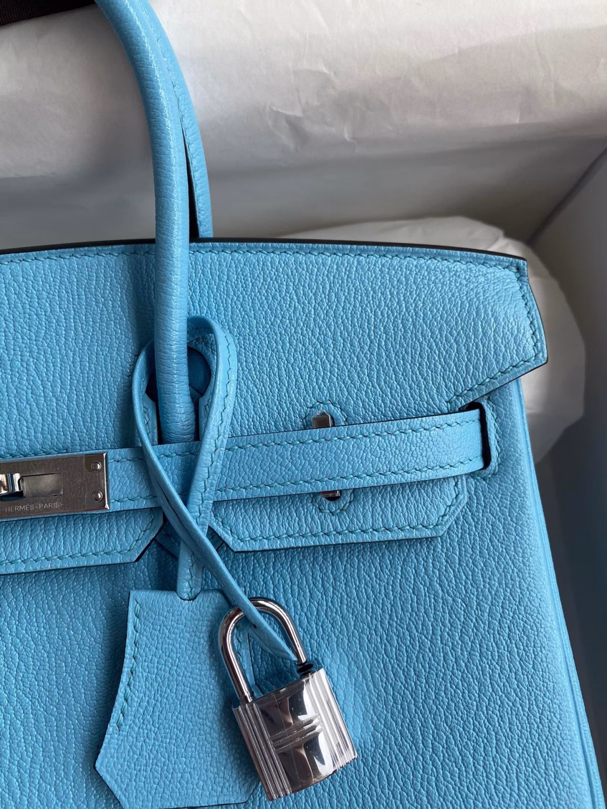Hermes Birkin 25 Retourne Handmade Bag In Blue Aztec Chevre Mysore Leather - Image 9