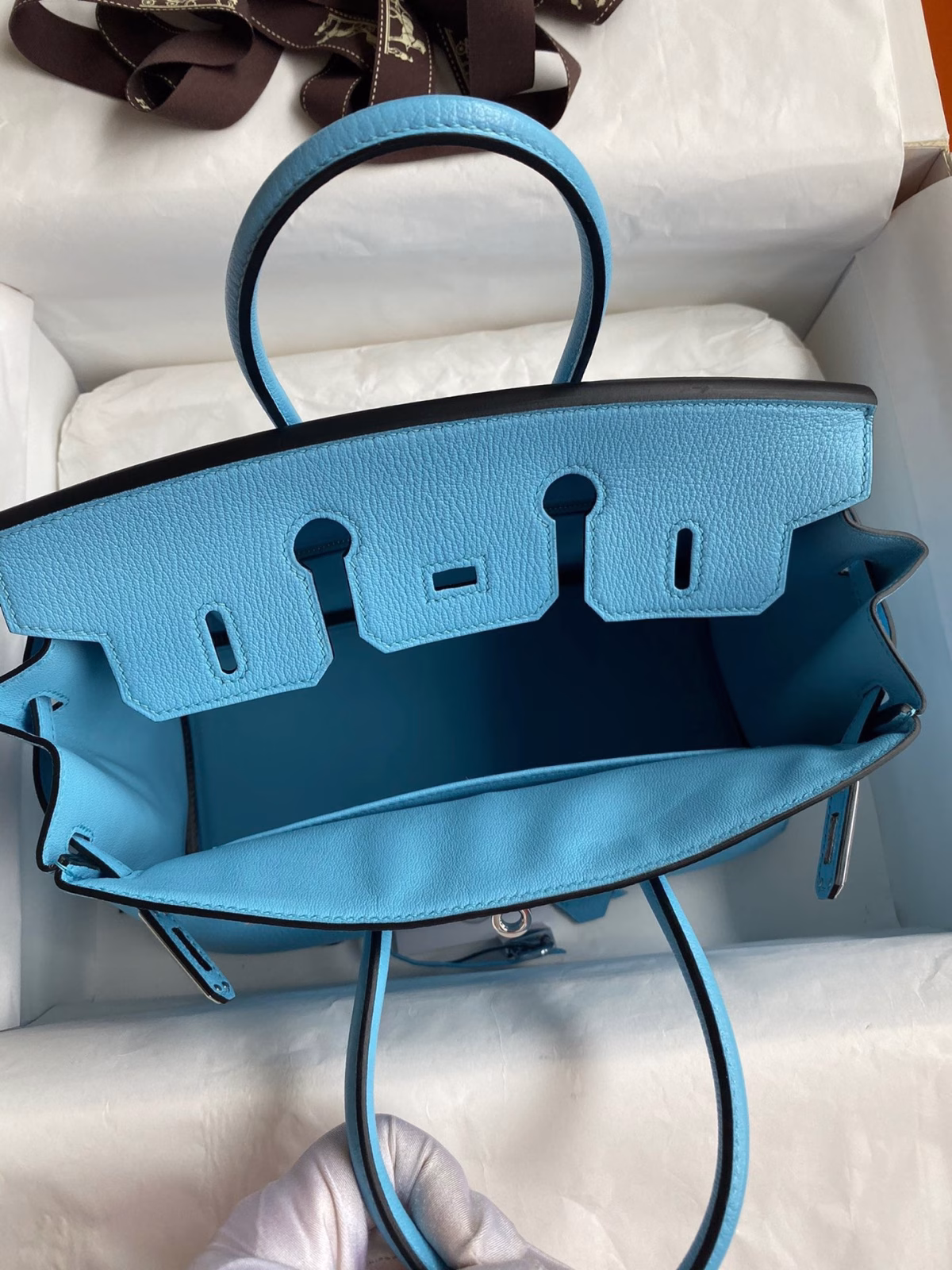 Hermes Birkin 25 Retourne Handmade Bag In Blue Aztec Chevre Mysore Leather - Image 5