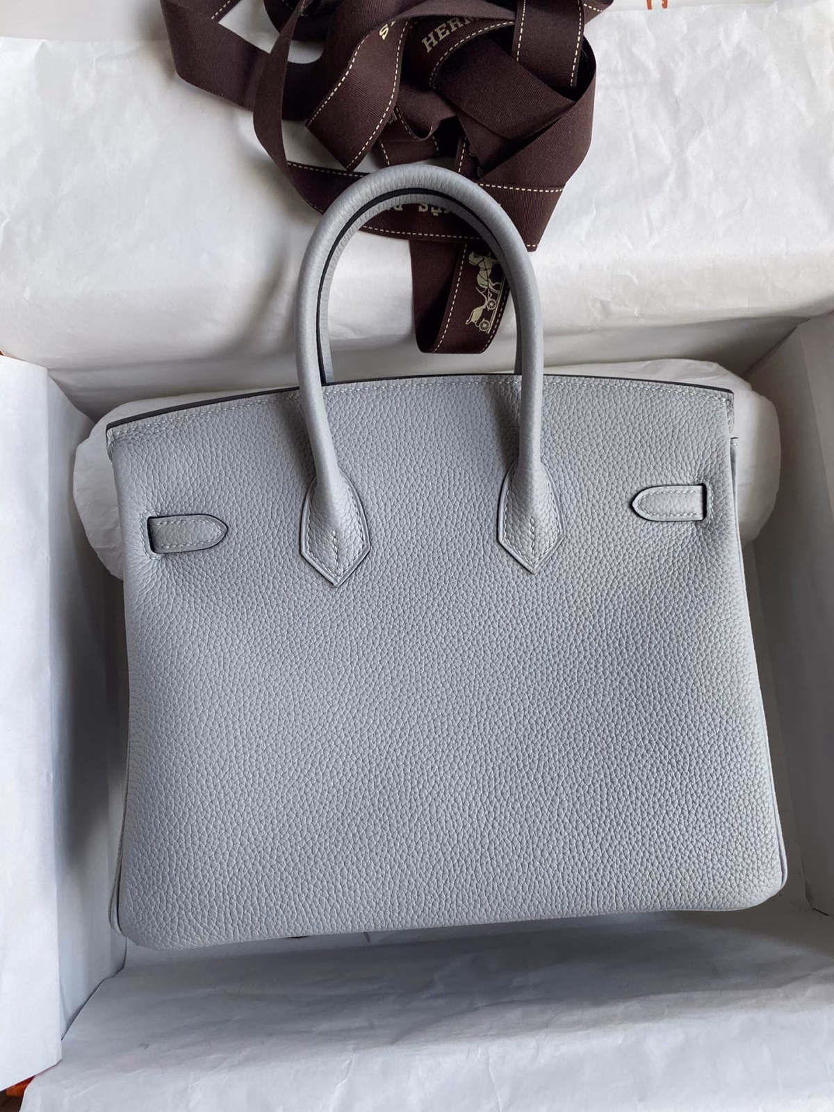 Hermes Birkin 25 Retourne Handmade Bag In Blue Glacier Clemence Leather - Image 6