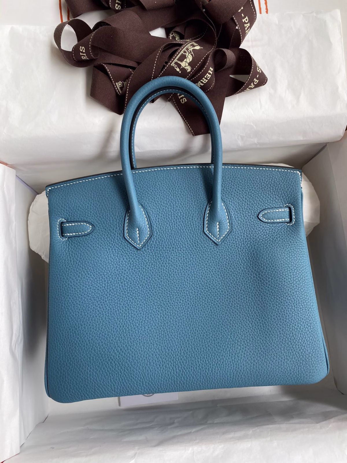 Hermes Birkin 25 Retourne Handmade Bag In Blue Jean Clemence Leather - Image 6