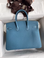 Hermes Birkin 25 Retourne Handmade Bag In Blue Jean Clemence Leather - Image 6