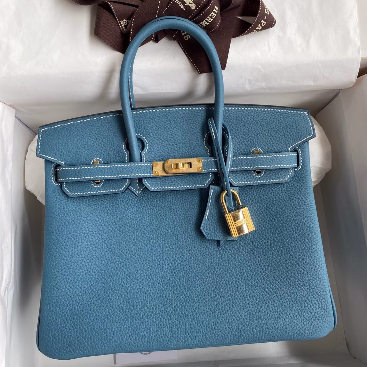 Hermes Birkin 25 Retourne Handmade Bag In Blue Jean Clemence Leather - Image 1