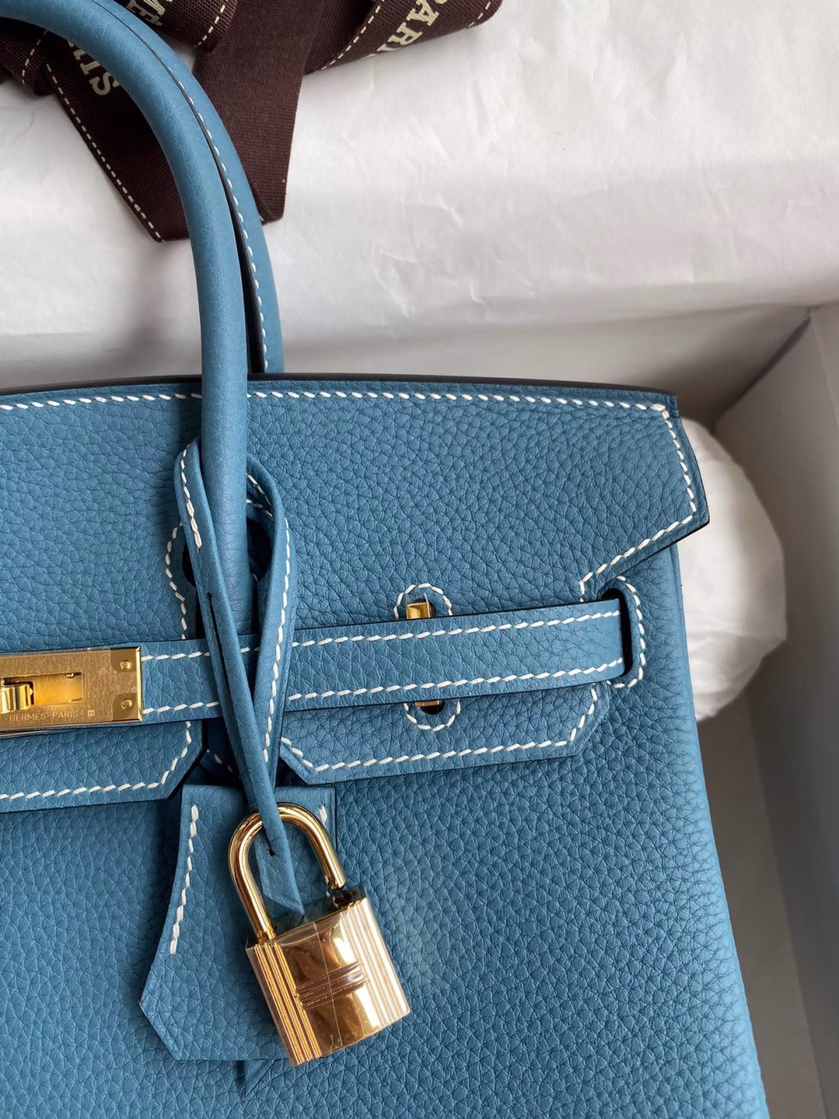 Hermes Birkin 25 Retourne Handmade Bag In Blue Jean Clemence Leather - Image 7