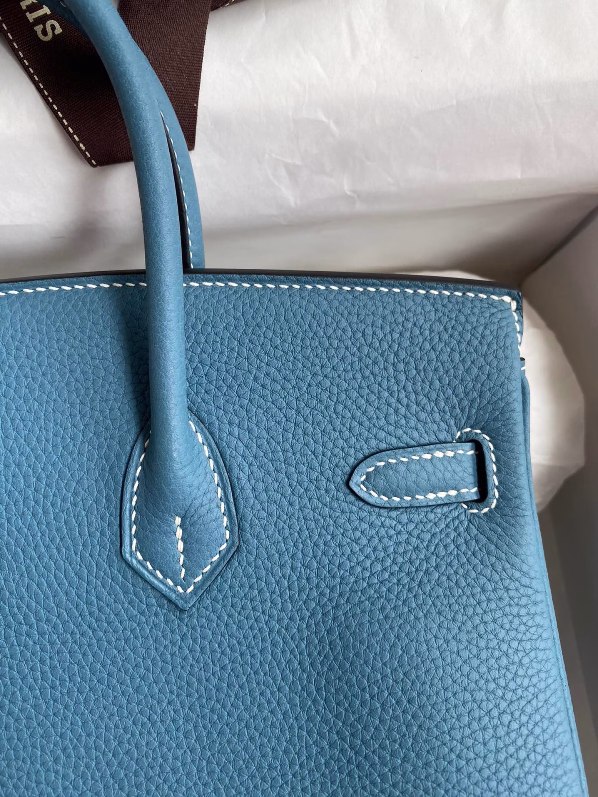 Hermes Birkin 25 Retourne Handmade Bag In Blue Jean Clemence Leather - Image 8