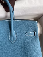 Hermes Birkin 25 Retourne Handmade Bag In Blue Jean Clemence Leather - Image 8