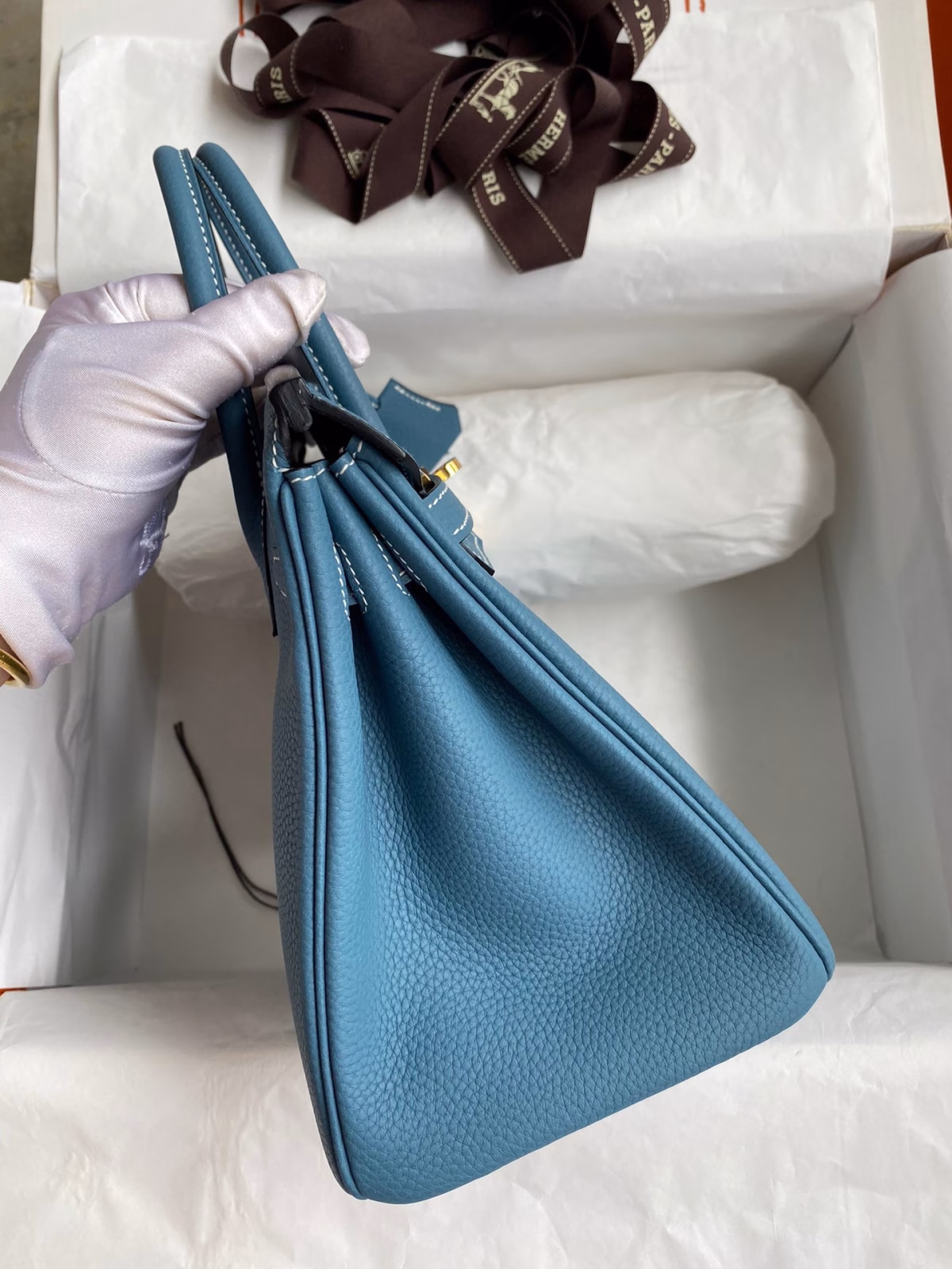 Hermes Birkin 25 Retourne Handmade Bag In Blue Jean Clemence Leather - Image 2