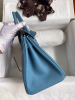 Hermes Birkin 25 Retourne Handmade Bag In Blue Jean Clemence Leather - Image 2