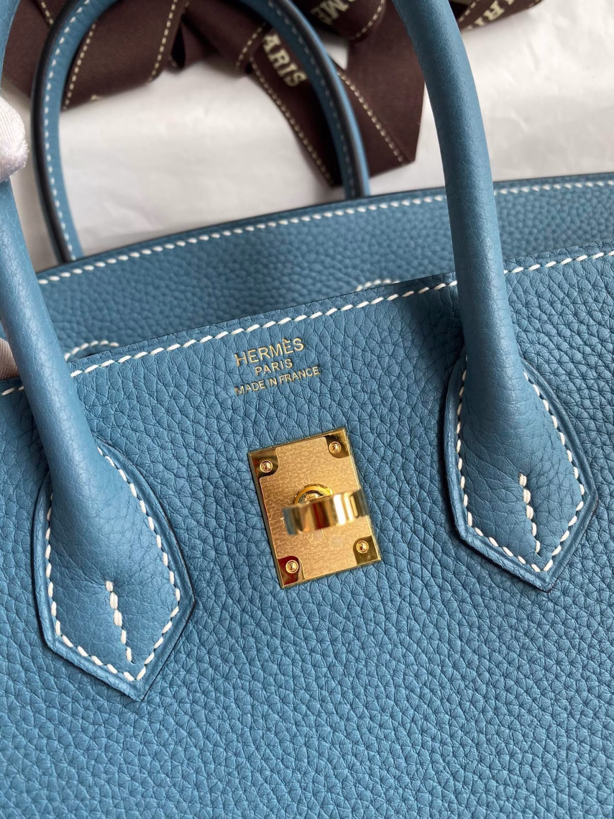 Hermes Birkin 25 Retourne Handmade Bag In Blue Jean Clemence Leather - Image 3