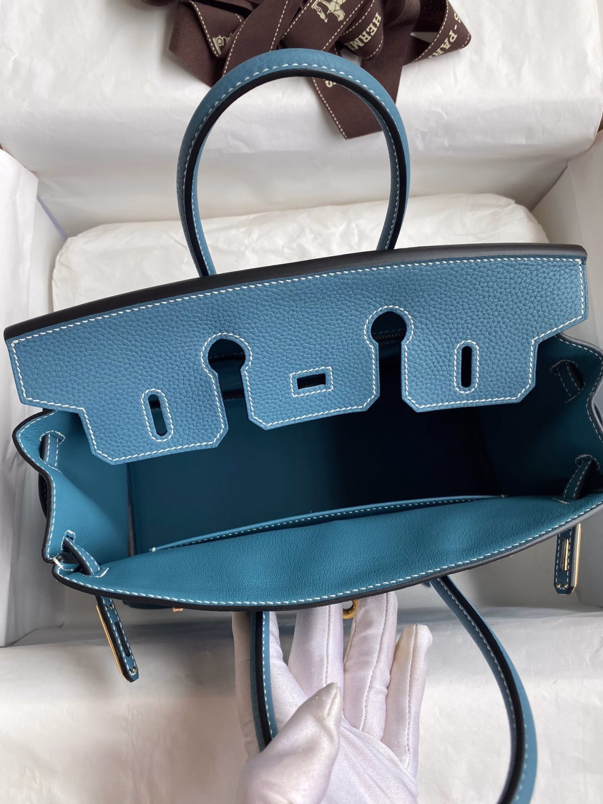 Hermes Birkin 25 Retourne Handmade Bag In Blue Jean Clemence Leather - Image 4