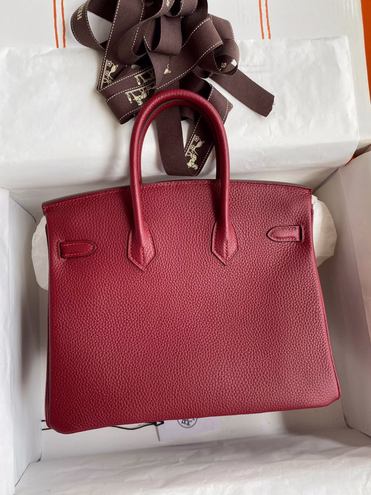 Hermes Birkin 25 Retourne Handmade Bag In Bordeaux Clemence Leather - Image 8