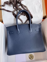 Hermes Birkin 25 Retourne Handmade Bag In Blue Saphir Clemence Leather - Image 6