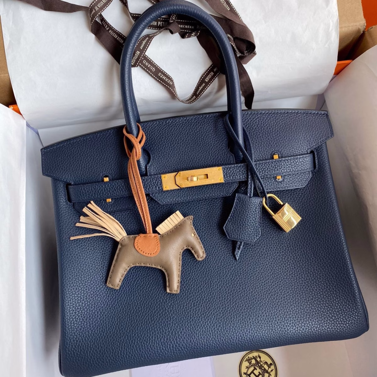 Hermes Birkin 25 Retourne Handmade Bag In Blue Saphir Clemence Leather - Image 1