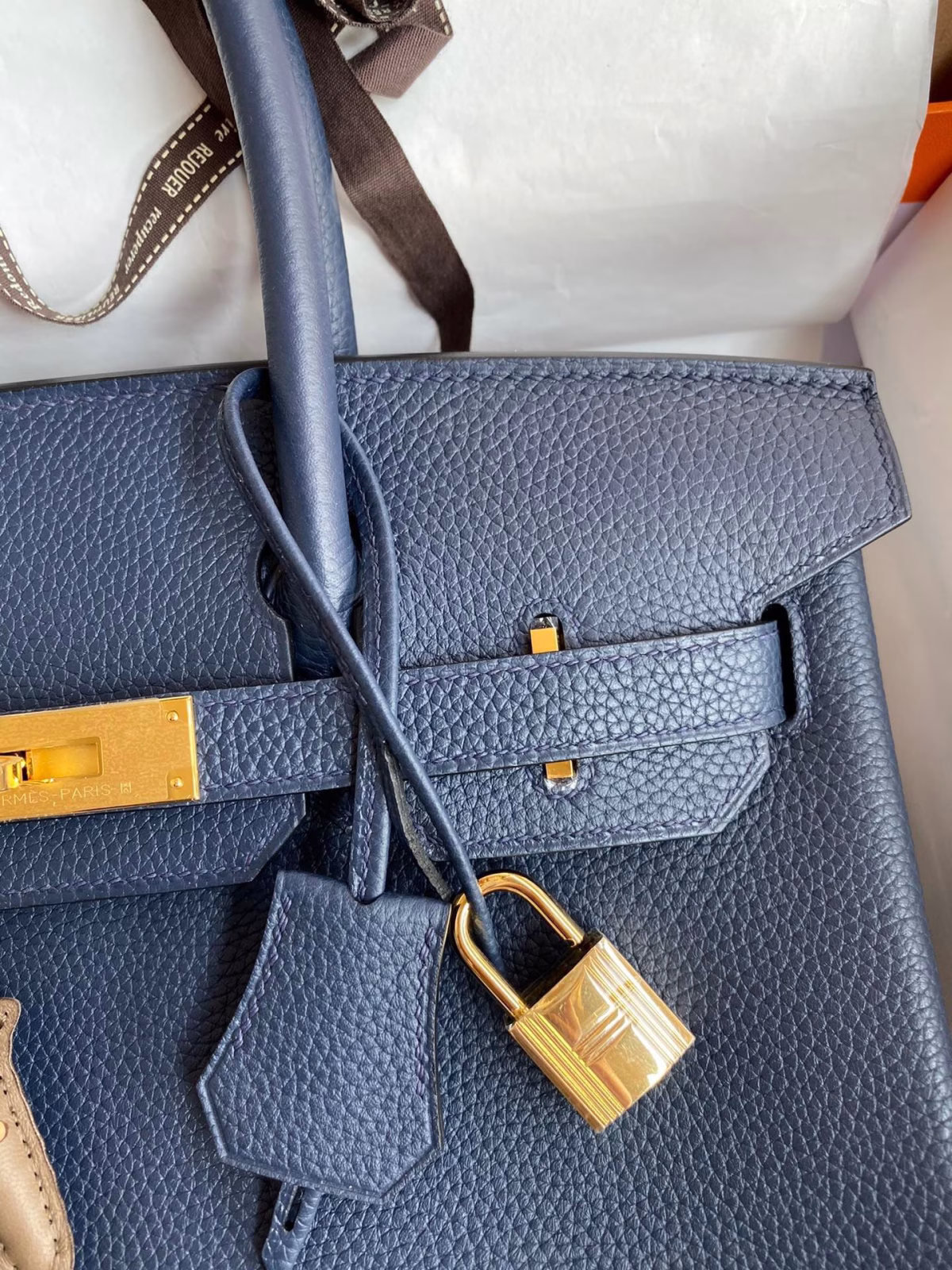 Hermes Birkin 25 Retourne Handmade Bag In Blue Saphir Clemence Leather - Image 7
