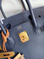 Hermes Birkin 25 Retourne Handmade Bag In Blue Saphir Clemence Leather - Image 3
