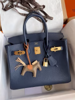 Hermes Birkin 25 Retourne Handmade Bag In Blue Saphir Clemence Leather - Image 5