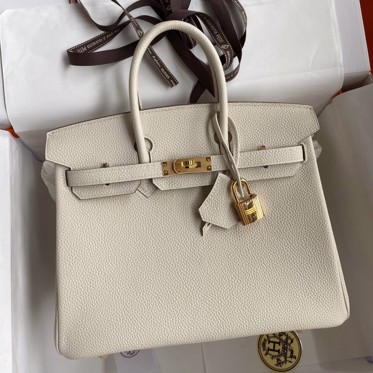 Hermes Birkin 25 Retourne Handmade Bag In Craie Clemence Leather - Image 1