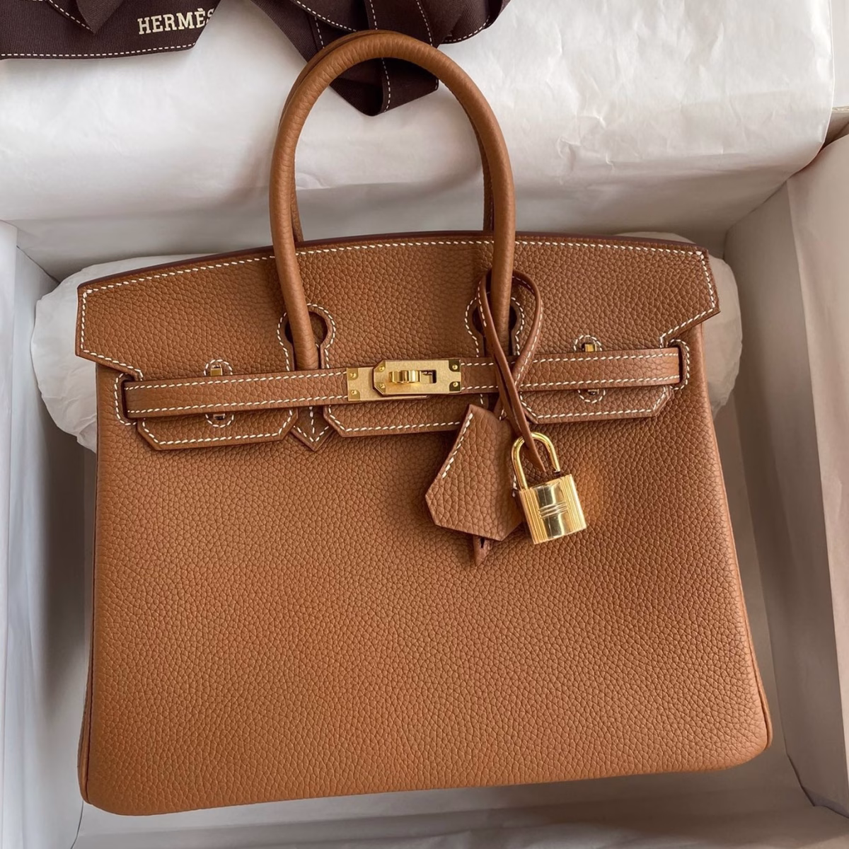 Hermes Birkin 25 Retourne Handmade Bag In Gold Clemence Leather - Image 1