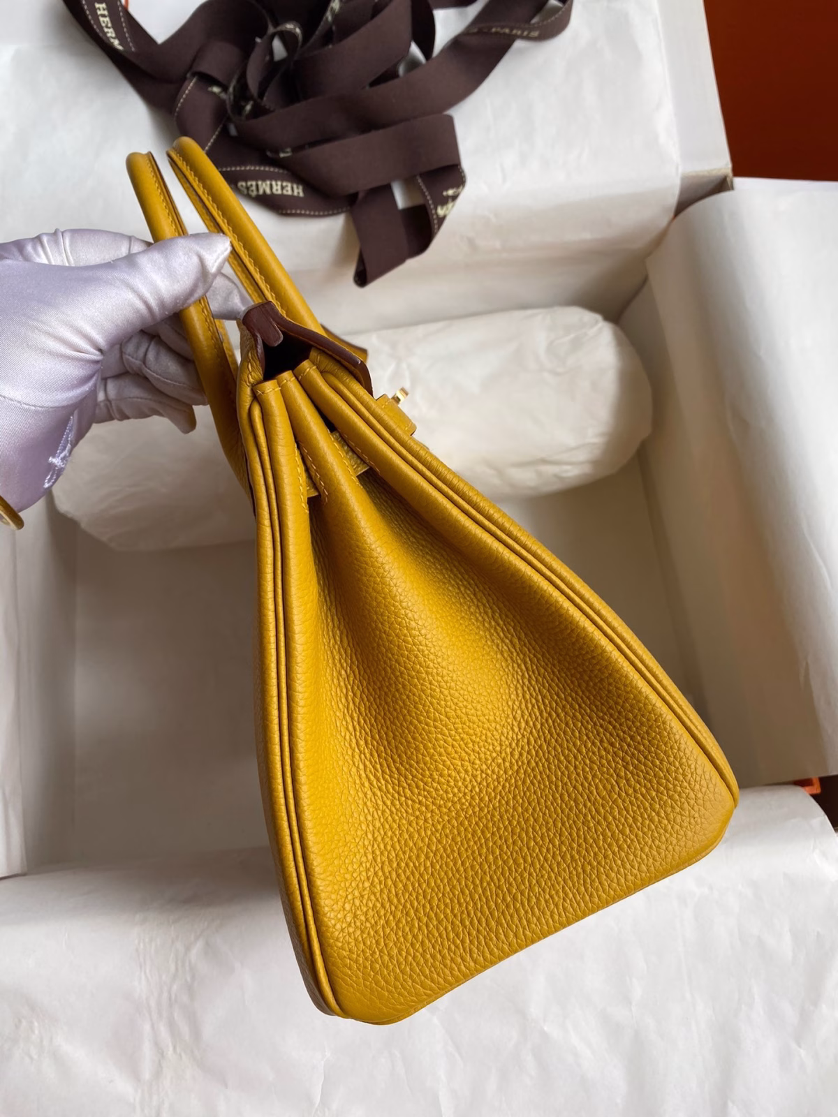 Hermes Birkin 25 Retourne Handmade Bag In Jaune Ambre Clemence Leather - Image 3