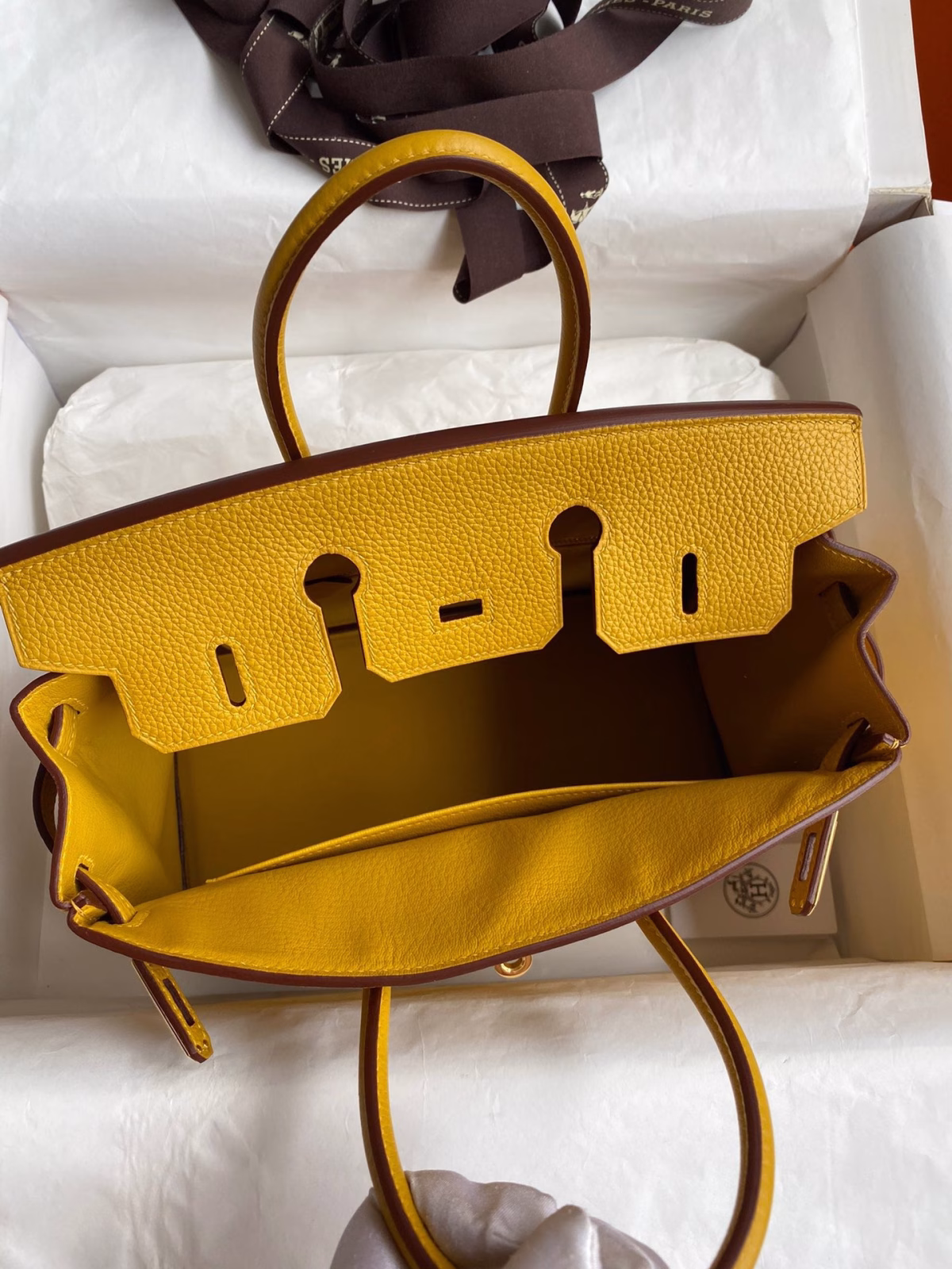 Hermes Birkin 25 Retourne Handmade Bag In Jaune Ambre Clemence Leather - Image 5