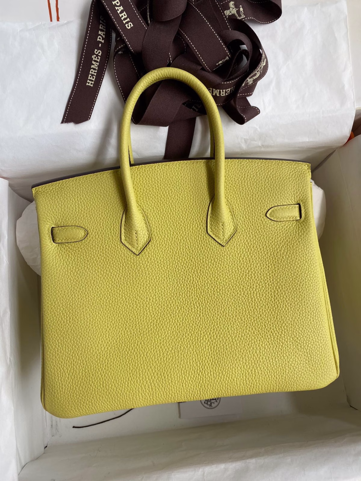 Hermes Birkin 25 Retourne Handmade Bag In Jaune Poussin Clemence Leather - Image 6