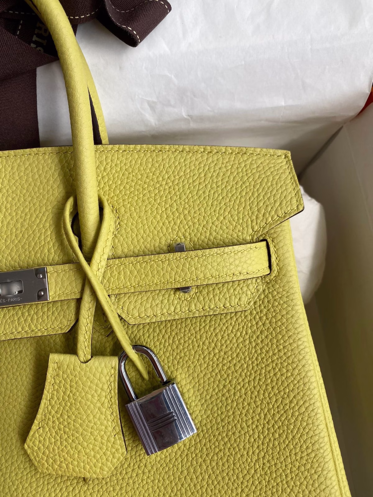 Hermes Birkin 25 Retourne Handmade Bag In Jaune Poussin Clemence Leather - Image 7