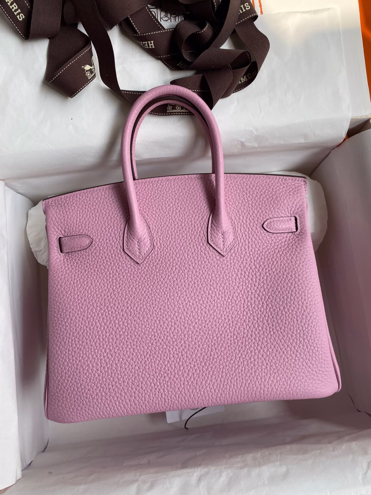 Hermes Birkin 25 Retourne Handmade Bag In Mauve Sylvestre Clemence Leather - Image 6
