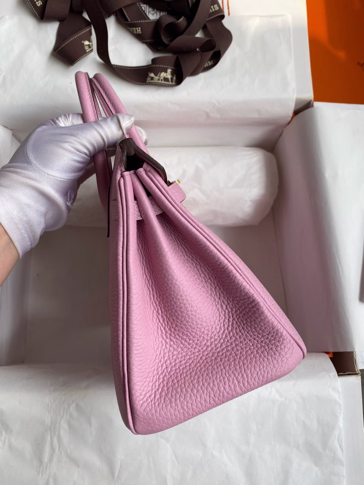 Hermes Birkin 25 Retourne Handmade Bag In Mauve Sylvestre Clemence Leather - Image 9