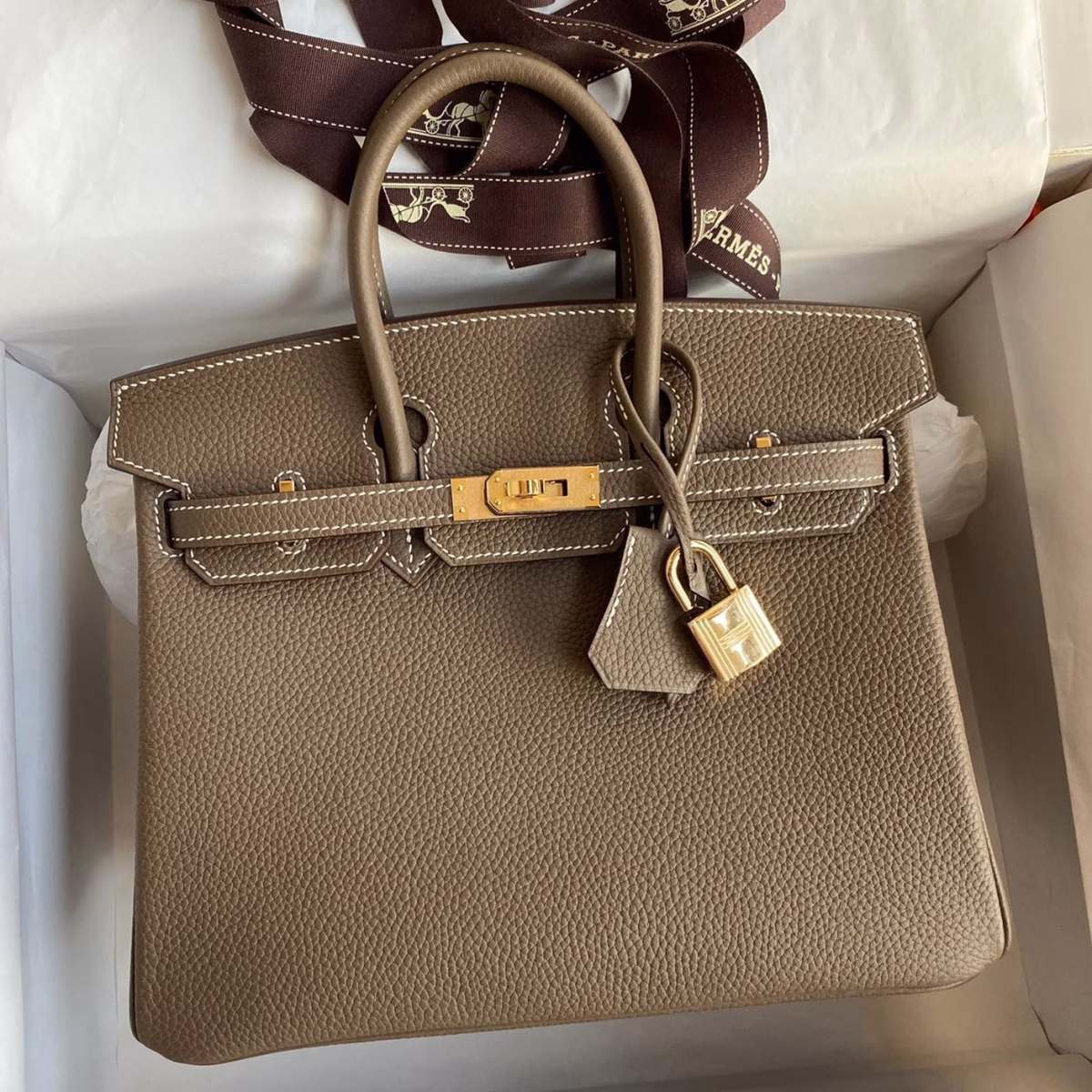 Hermes Birkin 25 Retourne Handmade Bag In Taupe Clemence Leather - Image 1