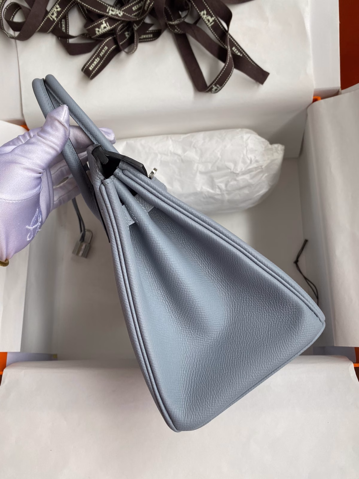 Hermes Birkin 25 Retourne Handmade Bag In Blue Lin Epsom Calfskin - Image 8