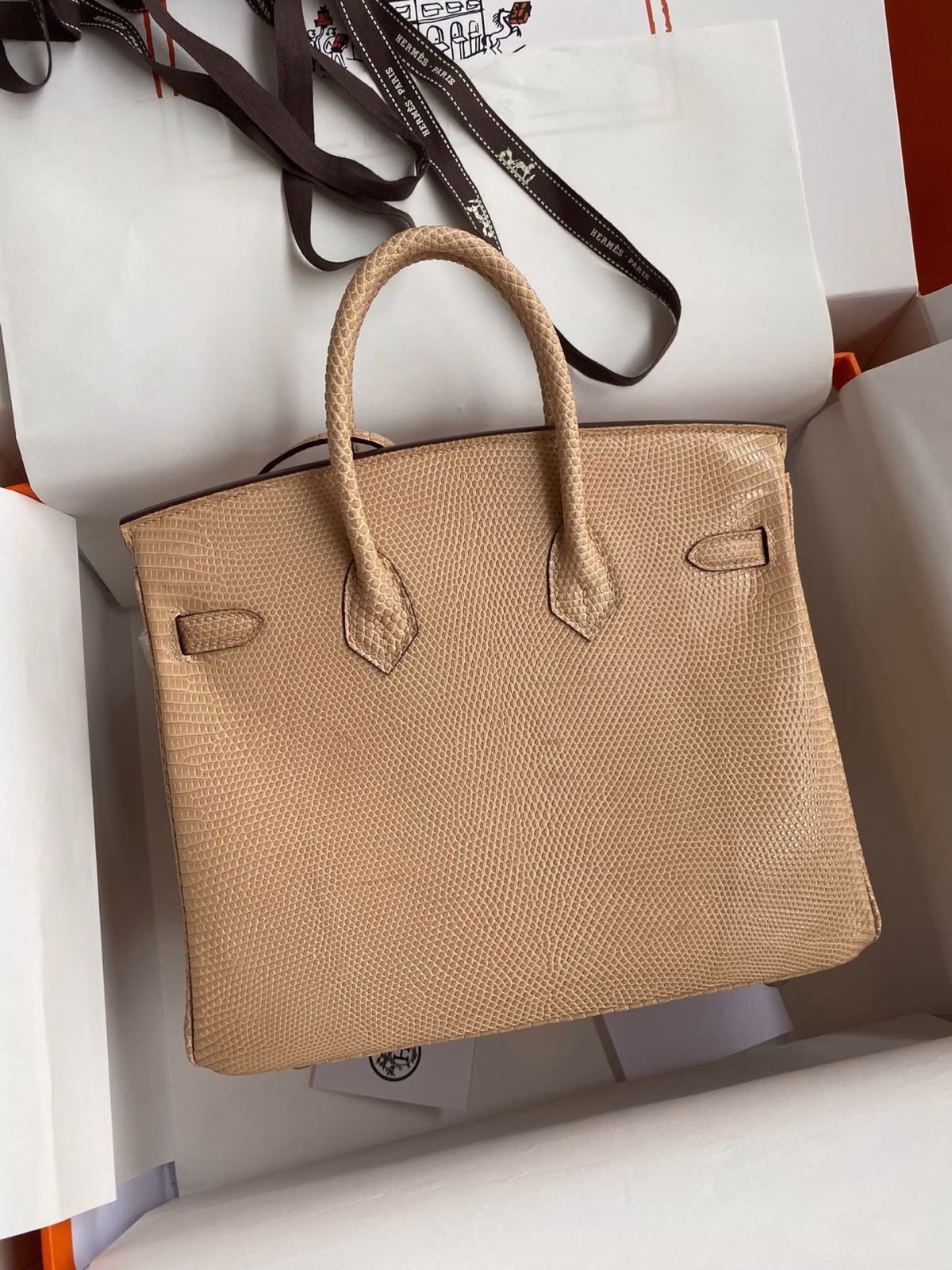 Hermes Birkin 25 Retourne Handmade Bag In Beige Lizard Leather - Image 6