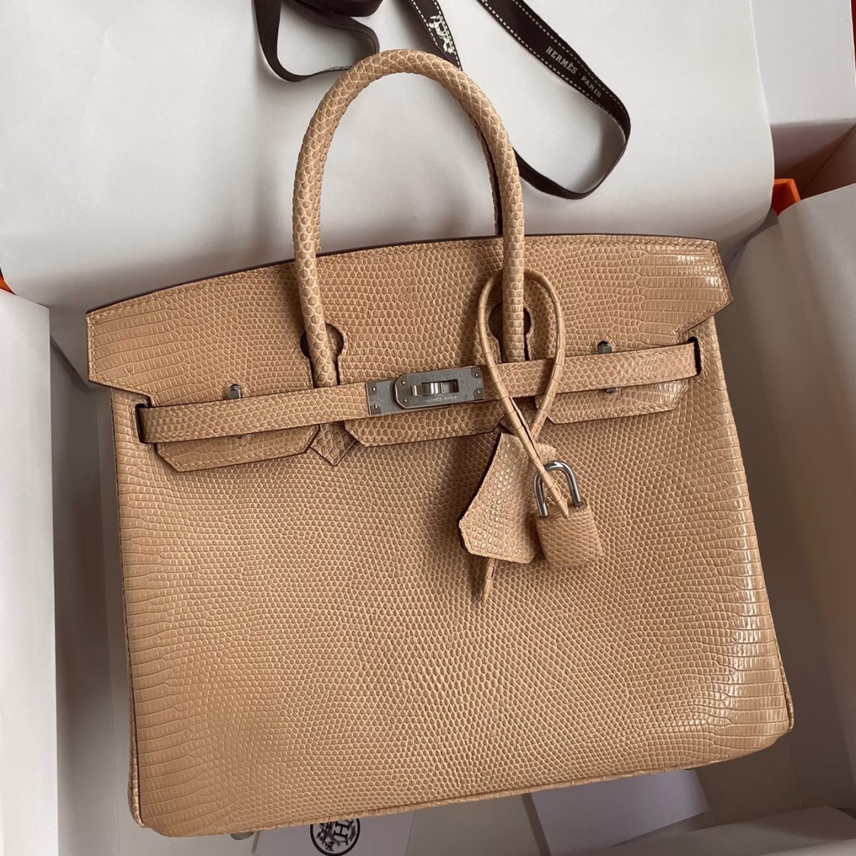 Hermes Birkin 25 Retourne Handmade Bag In Beige Lizard Leather - Image 1
