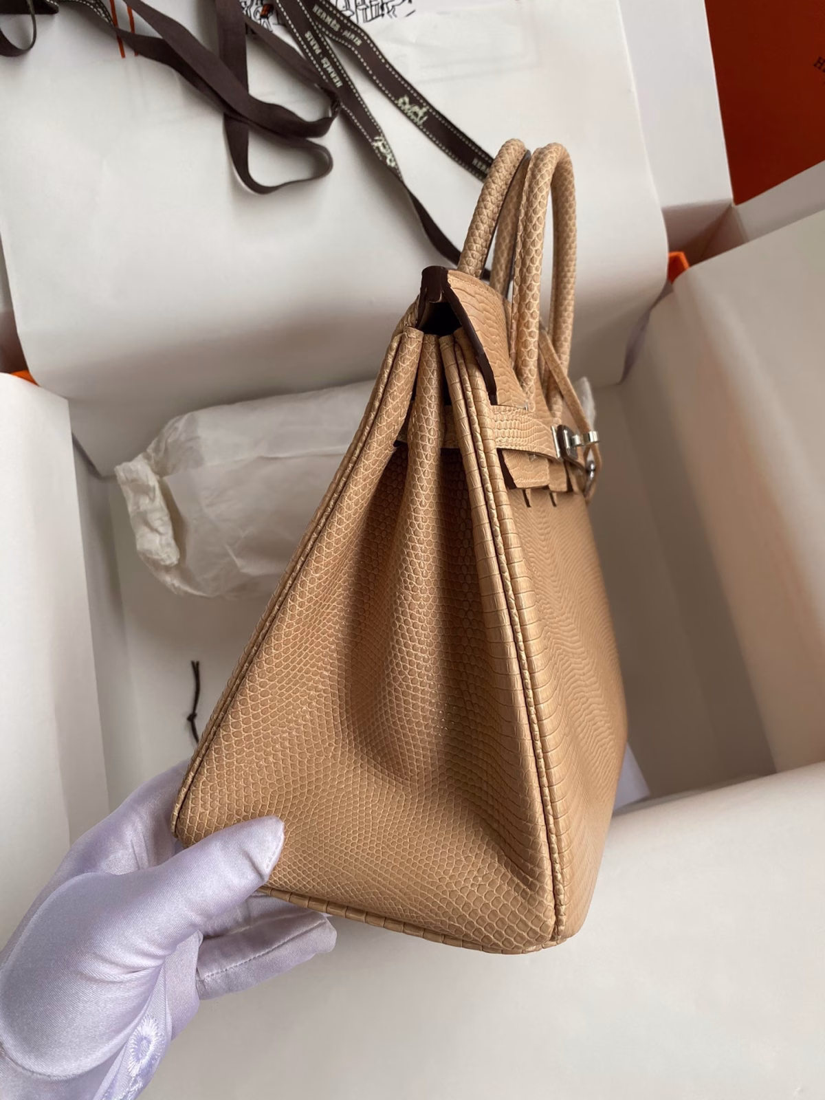 Hermes Birkin 25 Retourne Handmade Bag In Beige Lizard Leather - Image 9