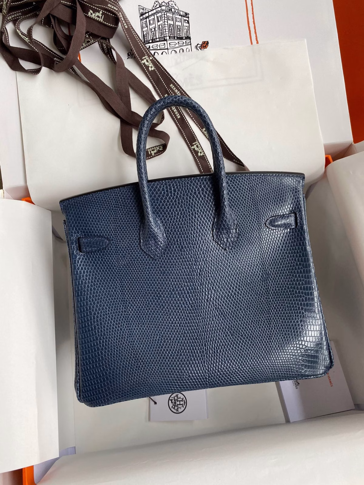 Hermes Birkin 25 Retourne Handmade Bag In Blue Saphir Lizard Leather - Image 6