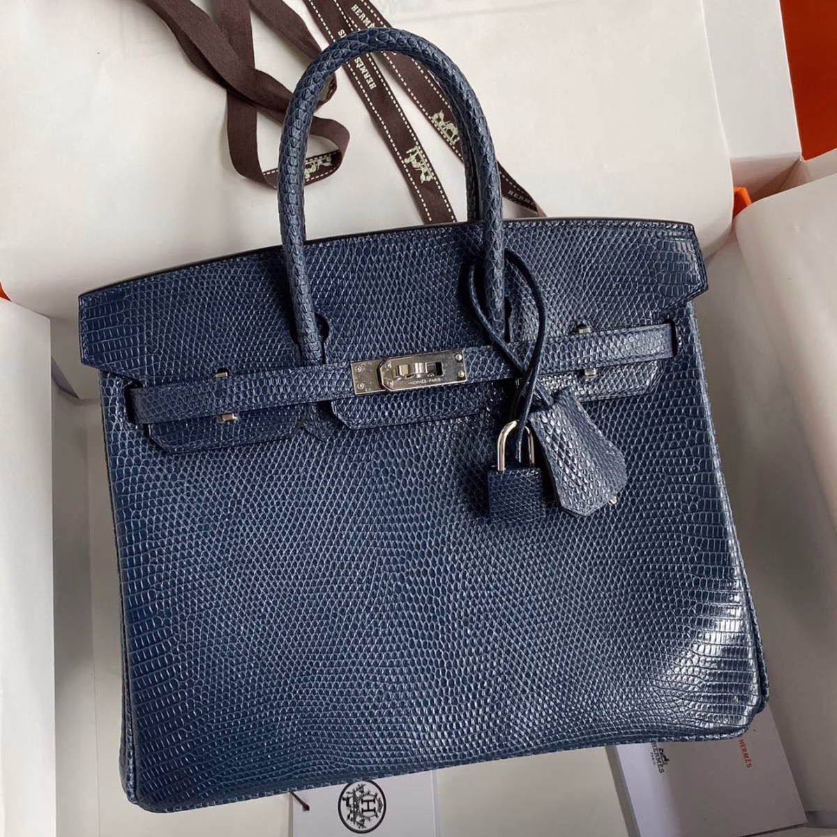 Hermes Birkin 25 Retourne Handmade Bag In Blue Saphir Lizard Leather - Image 1