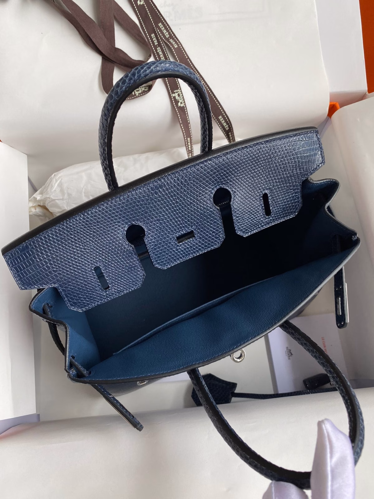 Hermes Birkin 25 Retourne Handmade Bag In Blue Saphir Lizard Leather - Image 3