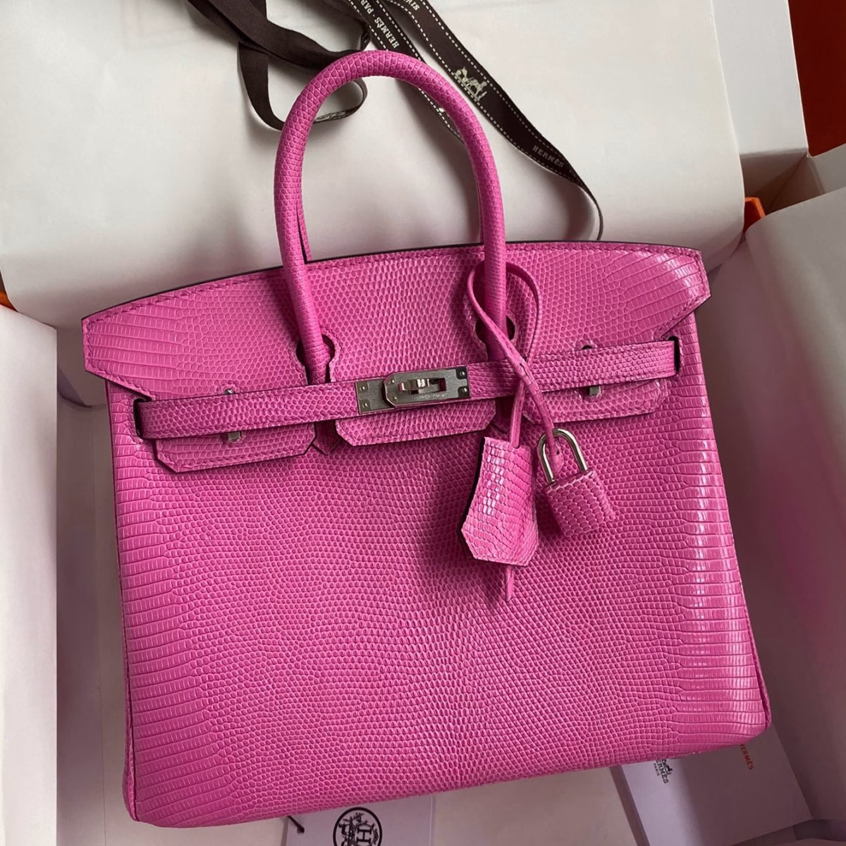 Hermes Birkin 25 Retourne Handmade Bag In Pink Lizard Leather - Image 1