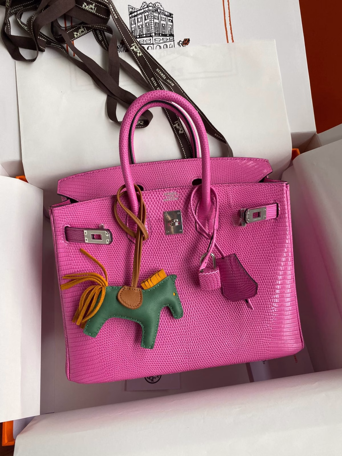 Hermes Birkin 25 Retourne Handmade Bag In Pink Lizard Leather - Image 9