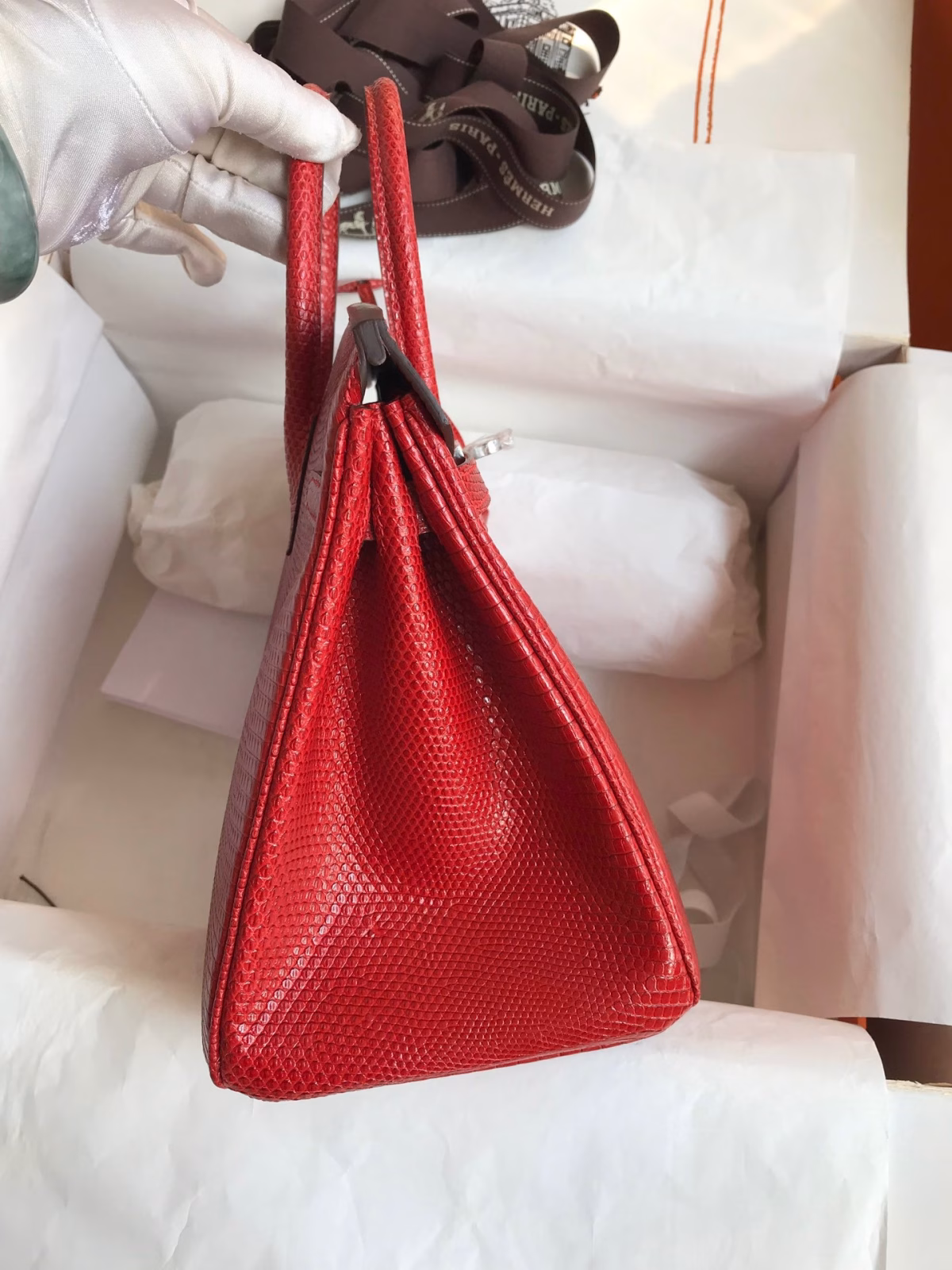 Hermes Birkin 25 Retourne Handmade Bag In Red Lizard Leather - Image 3