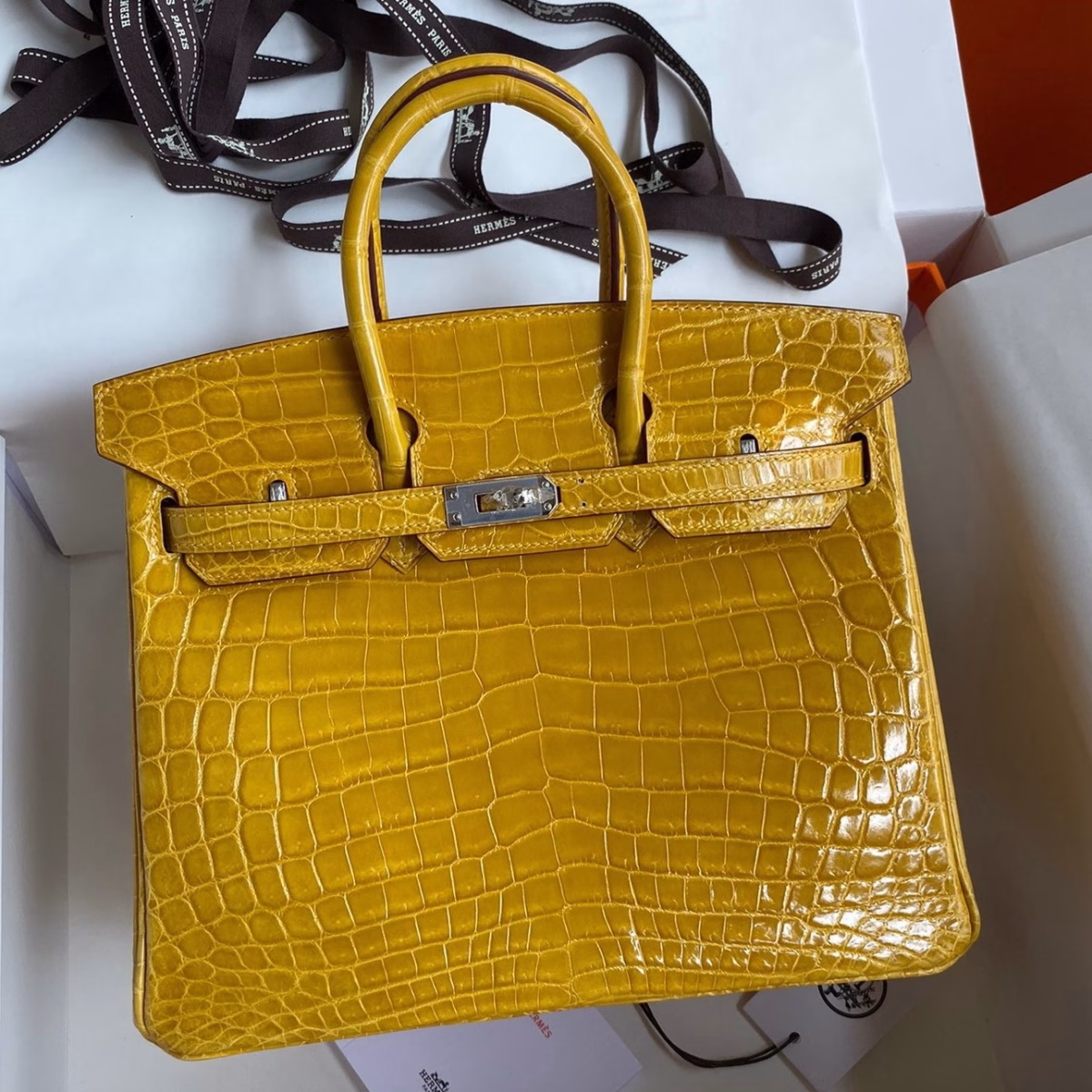 Hermes Birkin 25 Handmade Bag In Yellow Crocodile Niloticus Shiny Skin - Image 1