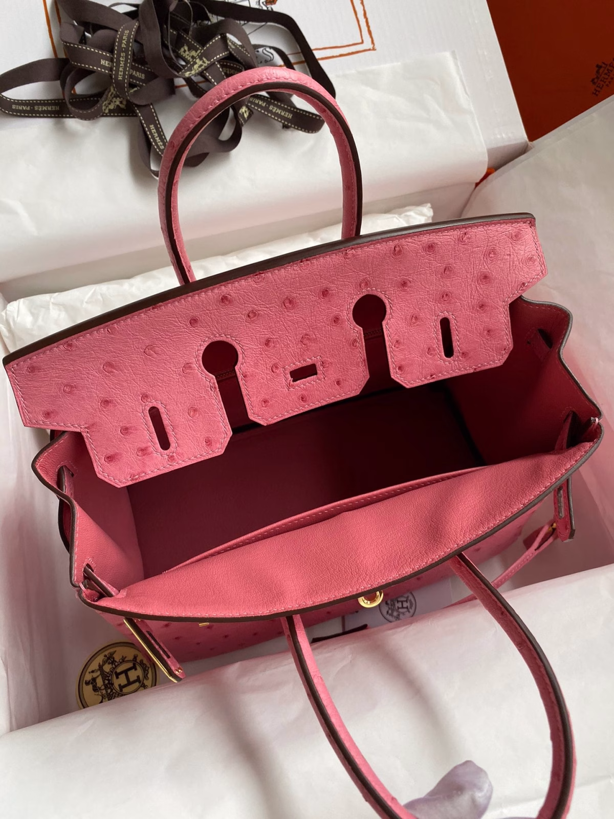Hermes Birkin 25 Retourne Handmade Bag In Pink Ostrich Leather - Image 4