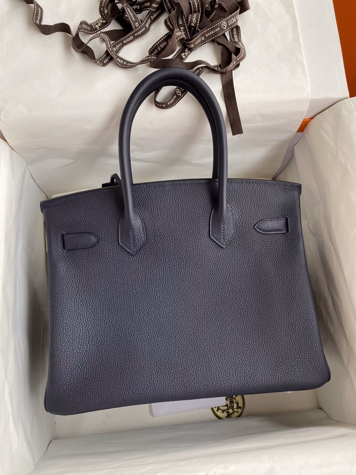 Hermes Birkin 30 Retourne Handmade Bag In Blue Nuit Clemence Leather - Image 6