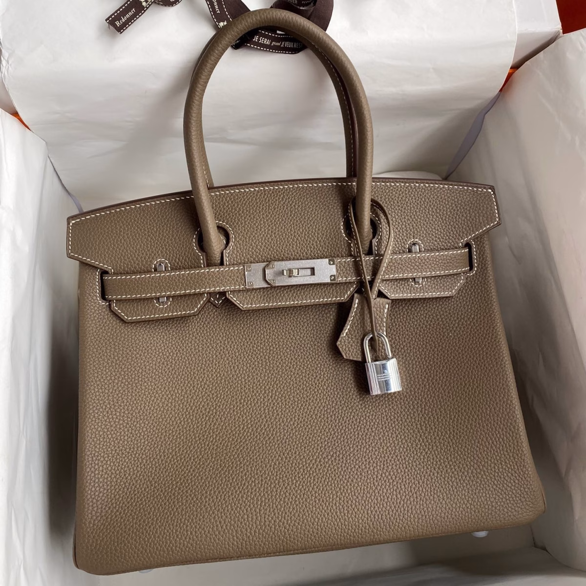 Hermes Birkin 30 Retourne Handmade Bag In Taupe Clemence Leather - Image 1